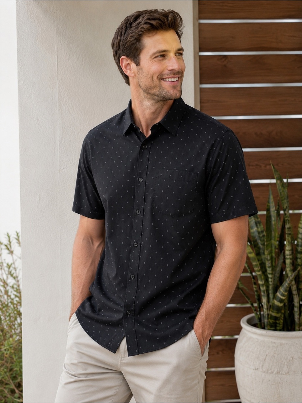 Travis Mathew Black Short-Sleeve Button-Down Shirt w/ Micro Dot Print- Size L